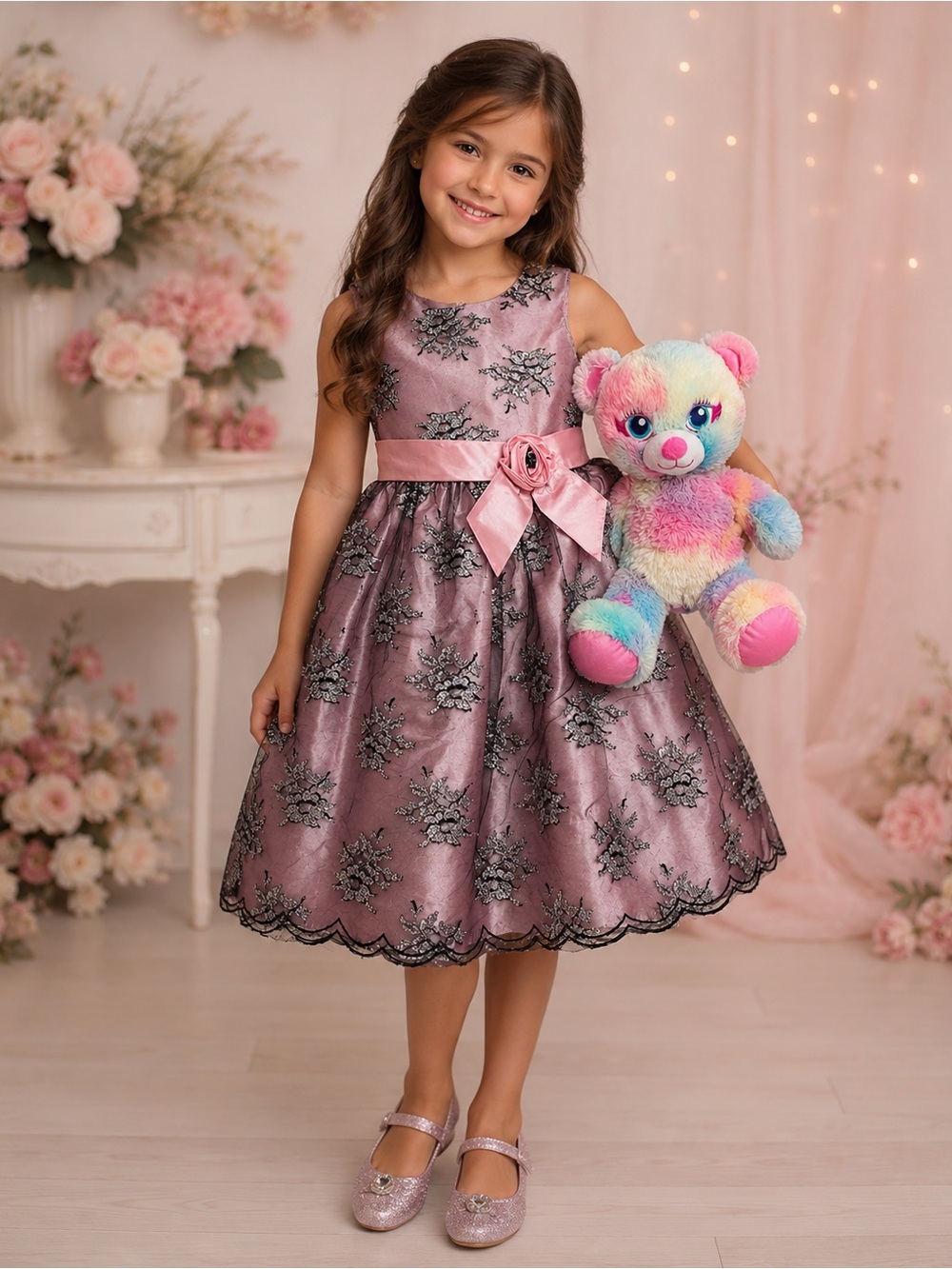 Sz 8 Jayne Copeland Girls Satin Pink Floral Party Dress + Build-A-Bear Plush